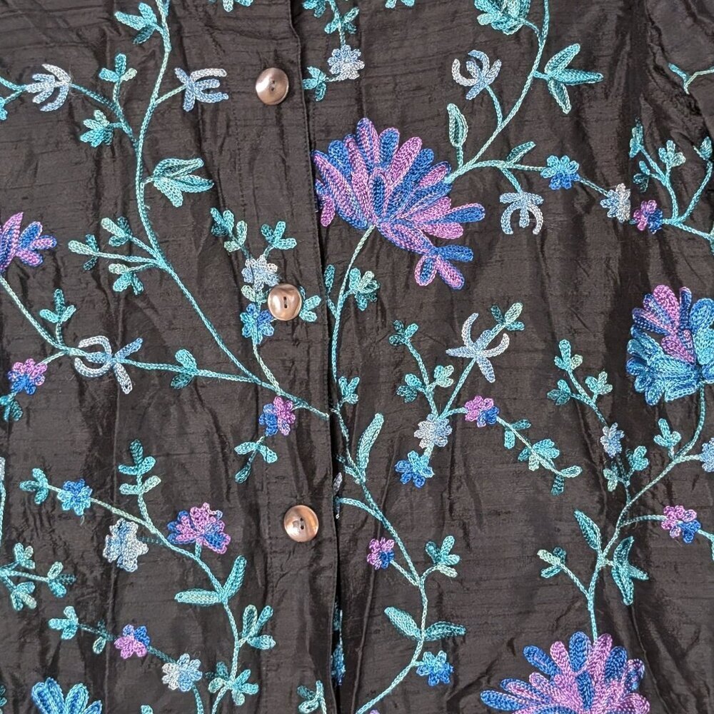 Laura Ashley Black Floral Silk Jacket Lined Embroidered Button Down sz M Cottage - Picture 6 of 8